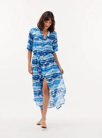 Lightwieght blue and white patterned maxi short sleeved shirt dress