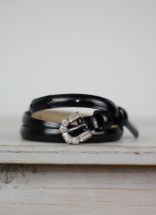 Leather Belt Black/Nickel Patent Jewelled