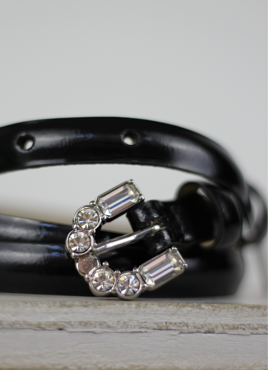 Leather Belt Black/Nickel Patent Jewelled