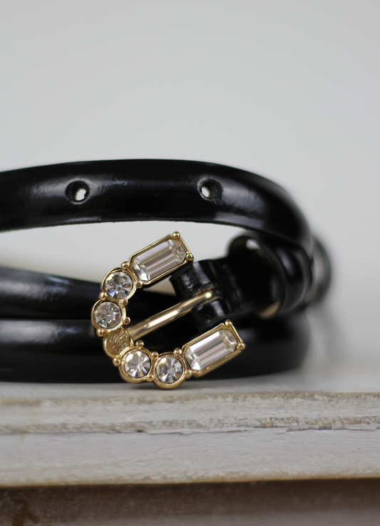 Leather Belt Black Patent Jewelled