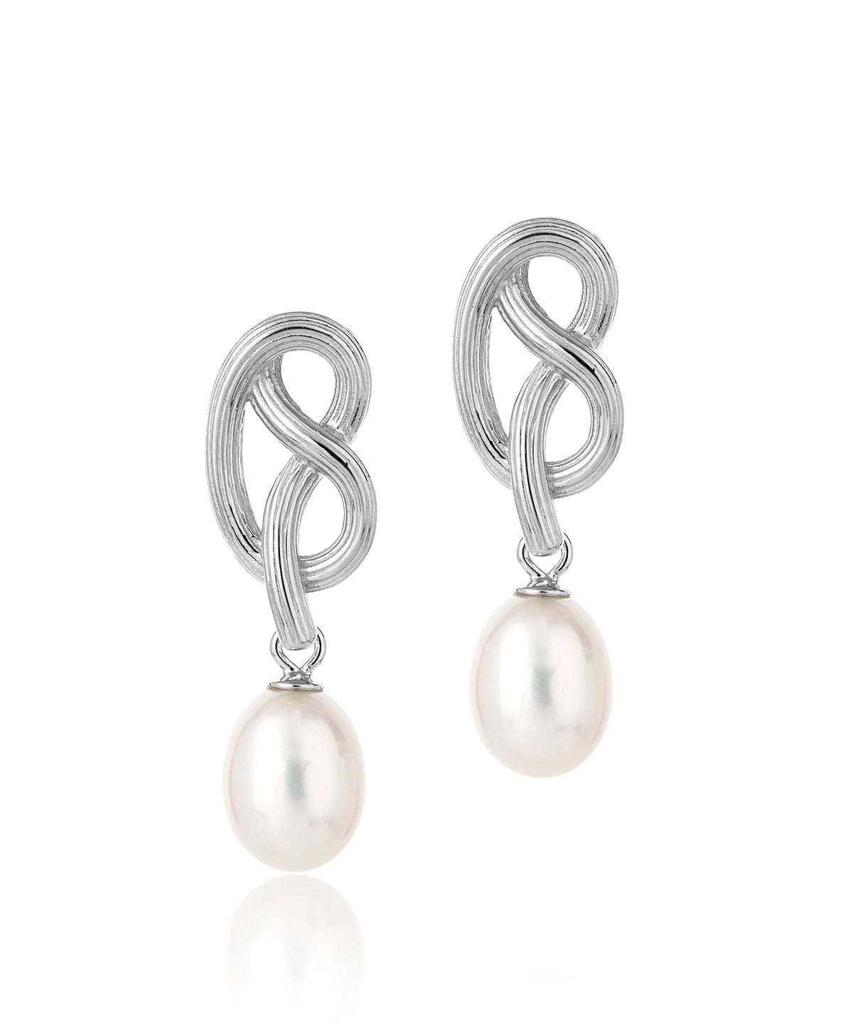 Silver twisted tubing earring with post and butterfly fastening and single pearl drop