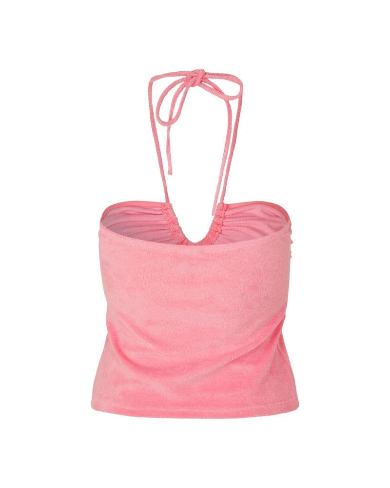 Tie neck candy pink top in towelling material
