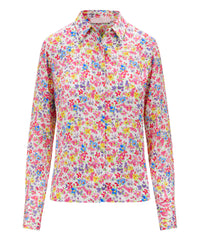 Ecru base ditsy floral print shirt with classic collar long sleeves and covered placket