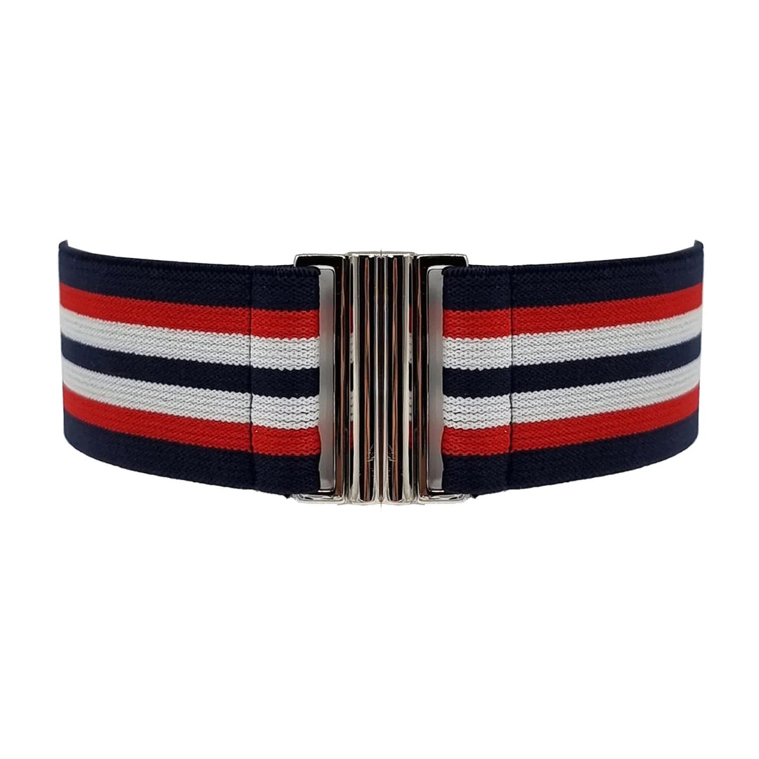 Elasticated navy red and white belt with silver buckle