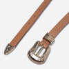 Natural thin belt with gold coloured western buckle and pointer