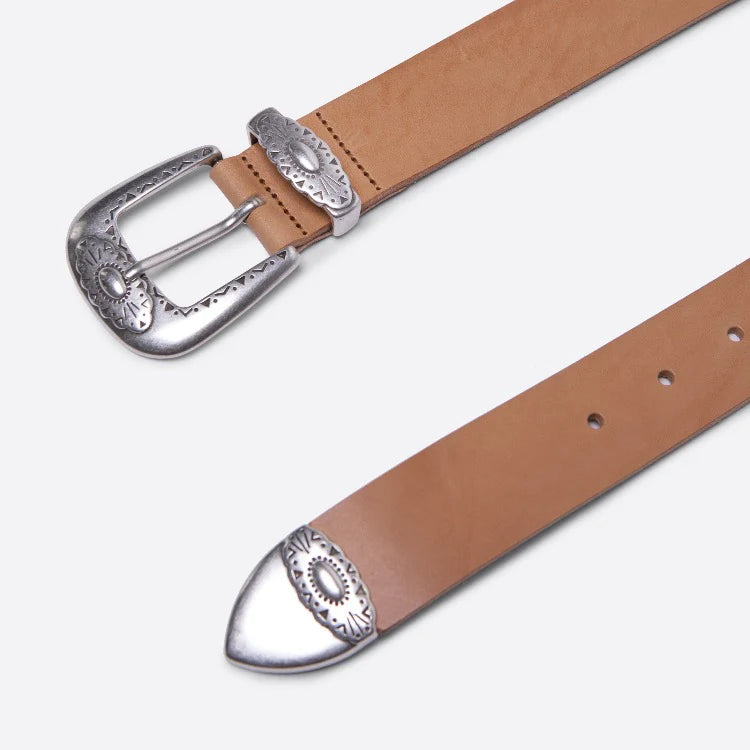 Natural leather belt with silver coloured hardwear