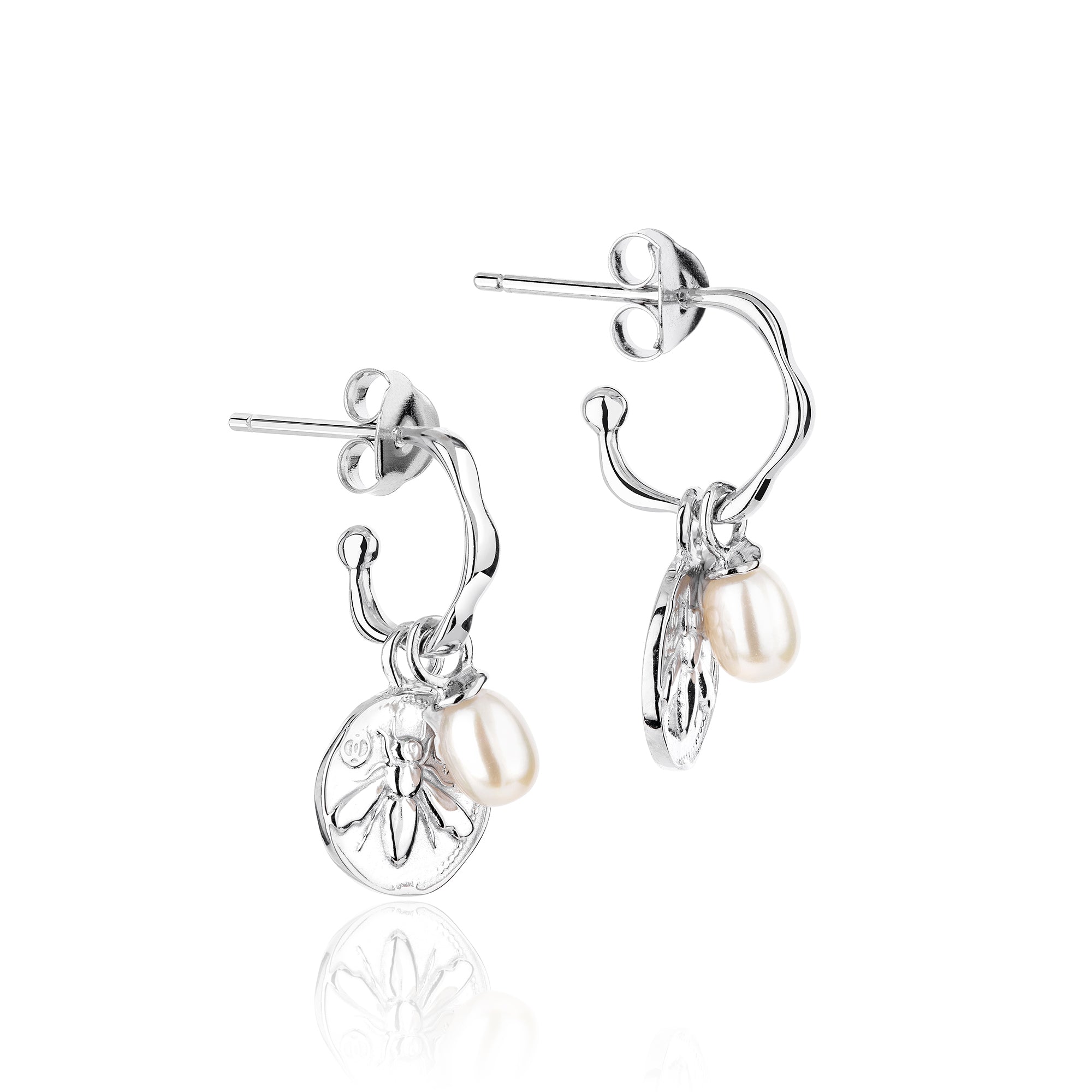 Sterling silver hoop earrings with pearl and honey bee charms
