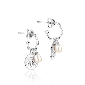 Sterling silver hoop earrings with pearl and honey bee charms