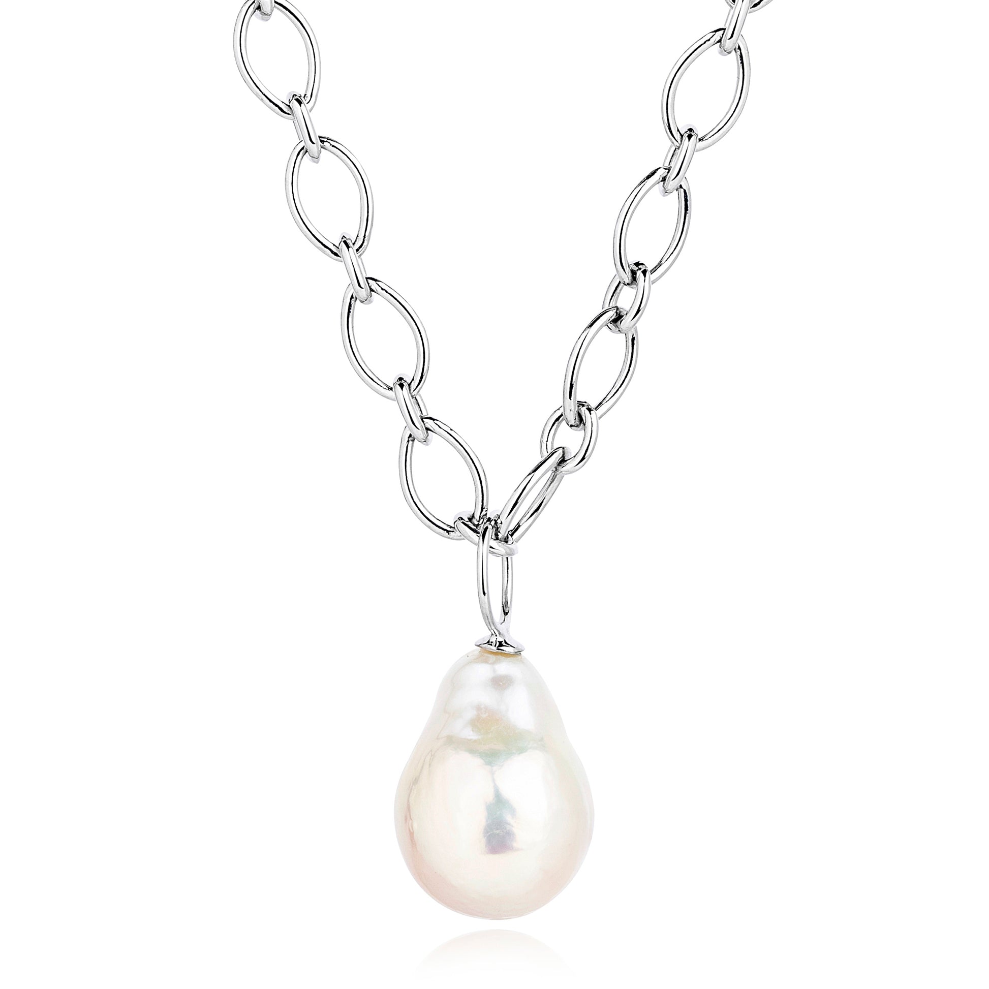 Chunky chain sterling silver necklace with pearl drop charm