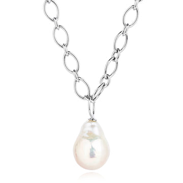 Chunky chain sterling silver necklace with pearl drop charm