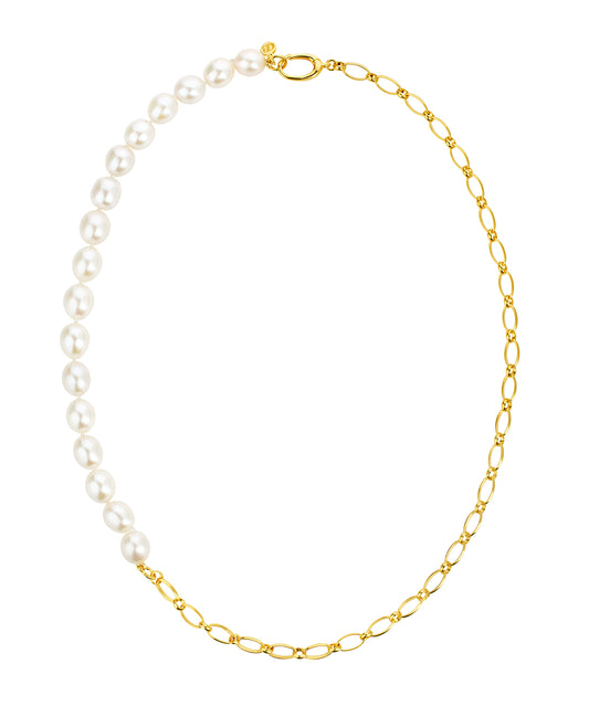 Freshwater pearl necklace with gold chunky chain and oval lever statement catch