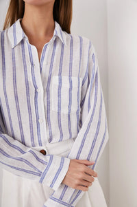 White and blue striped long sleeved shirt with classic collar
