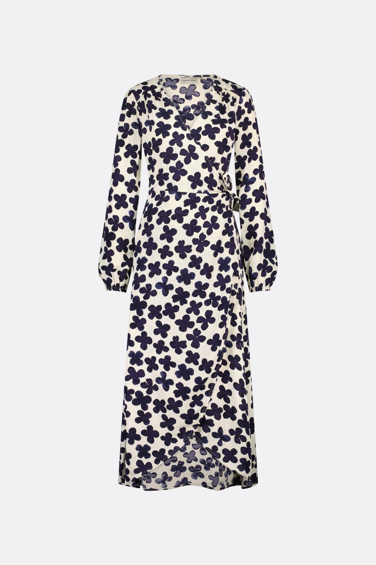 Long sleeve wrap dress in cream with a navy floral print