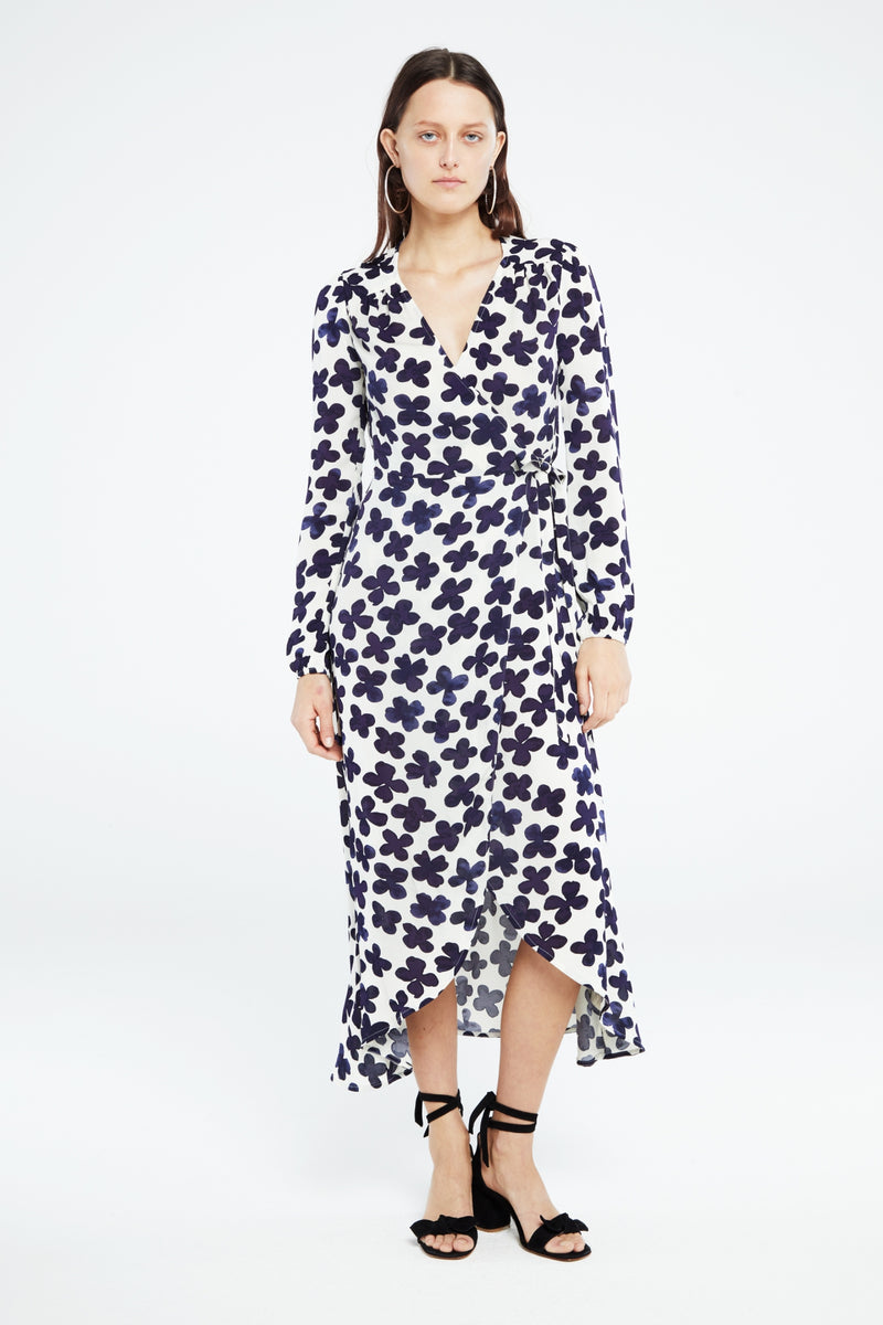 Long sleeve wrap dress in cream with a navy floral print
