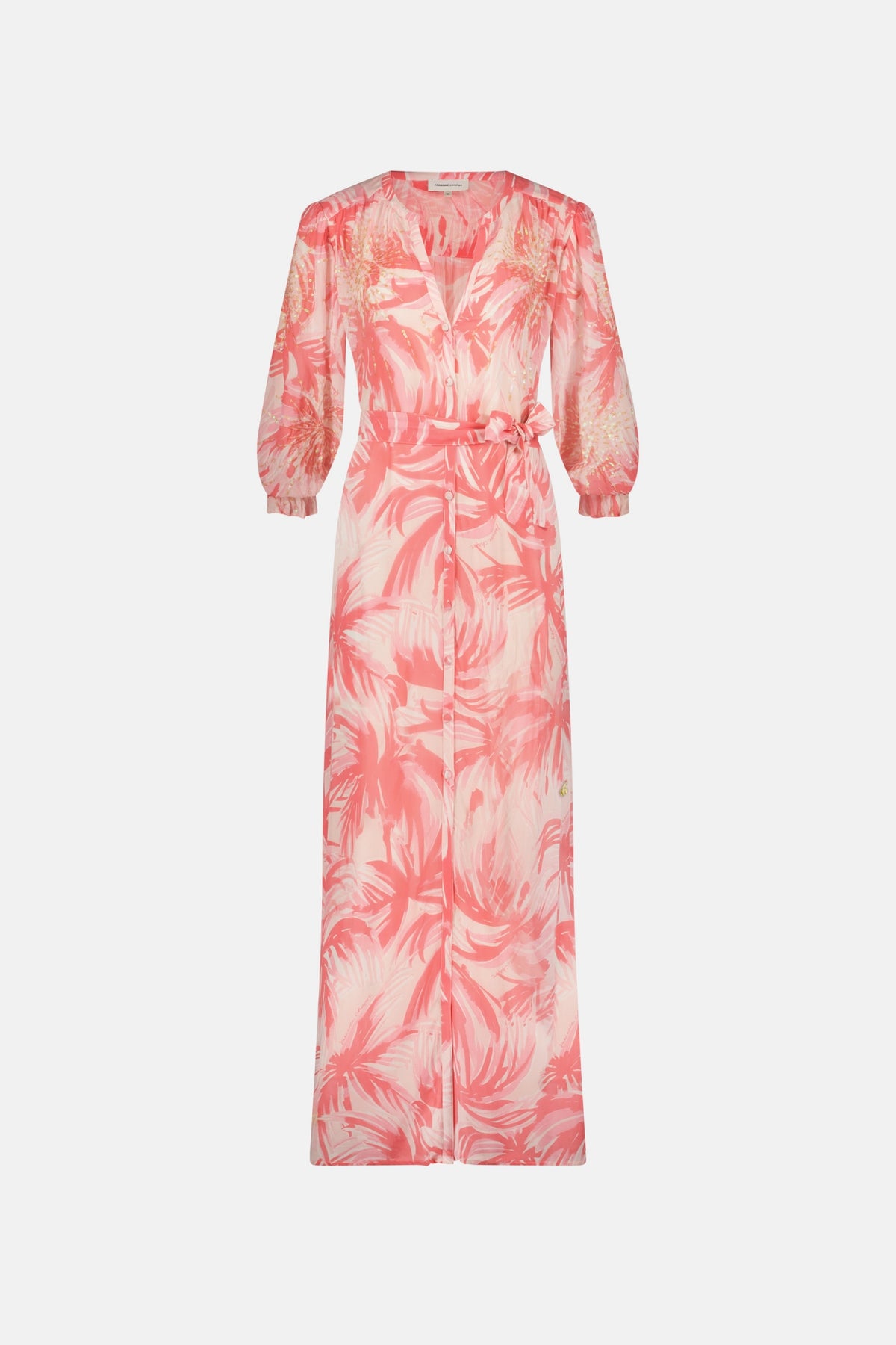Pink blush and coral tropical floral print maxi shirt dress with elbow length sleeves with iridescent sequin bursts on the upper bodice and sleeves