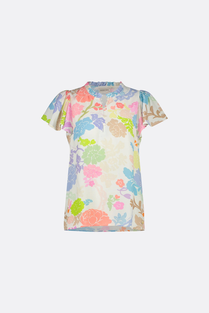 Ecru top with ruffle collar with colourful floral all over print