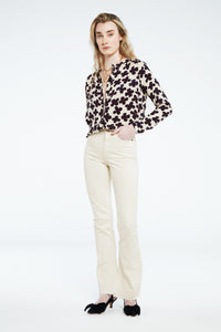 Collarless blouse in cream with navy floral graphic print