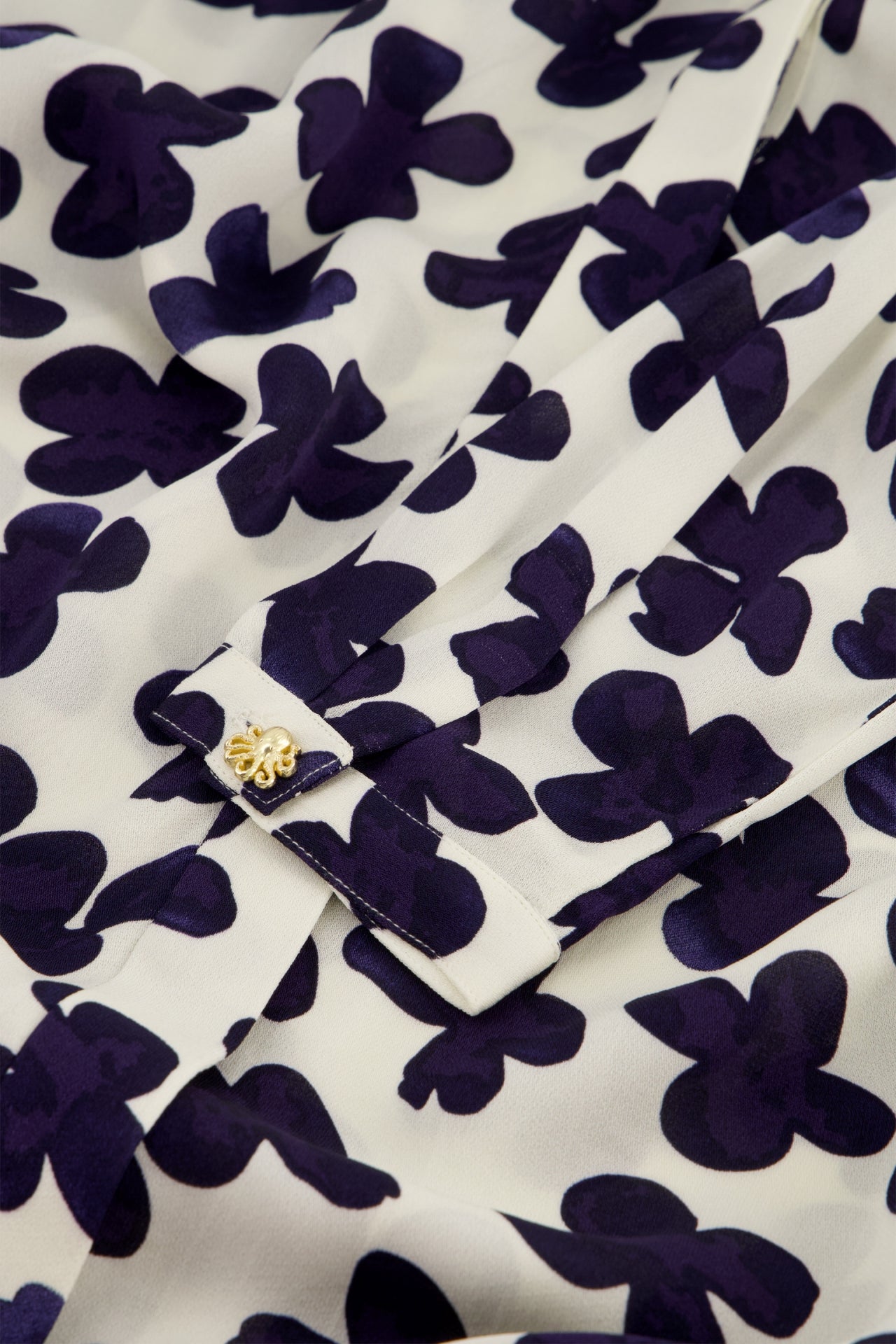 close up of graphic floral navy print