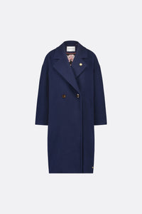Navy overcoat double breasted with single button fastening