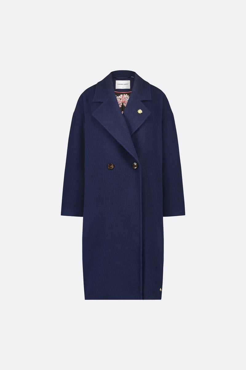 Navy overcoat double breasted with single button fastening