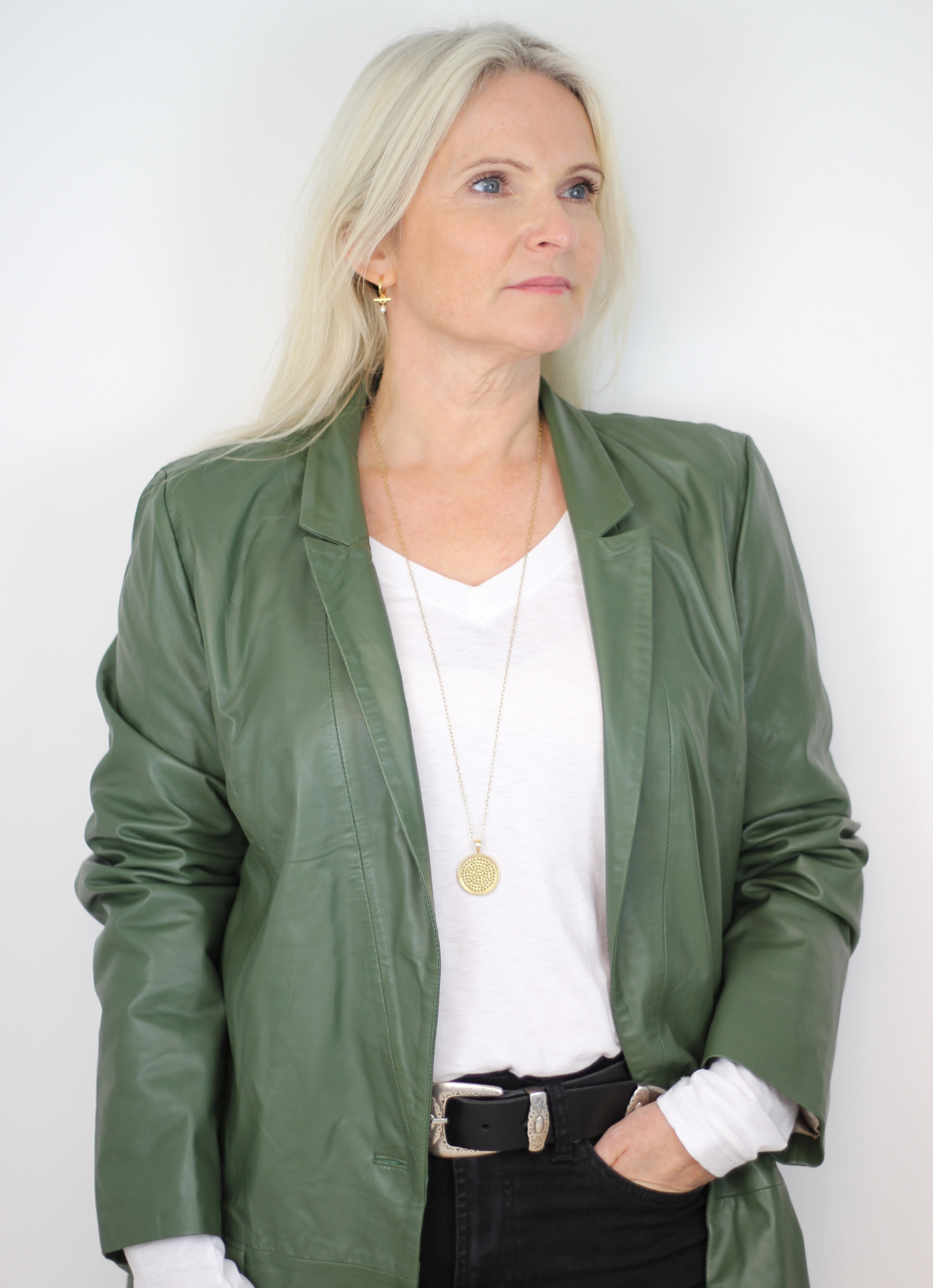 Long line leather blazer in a muted forest green