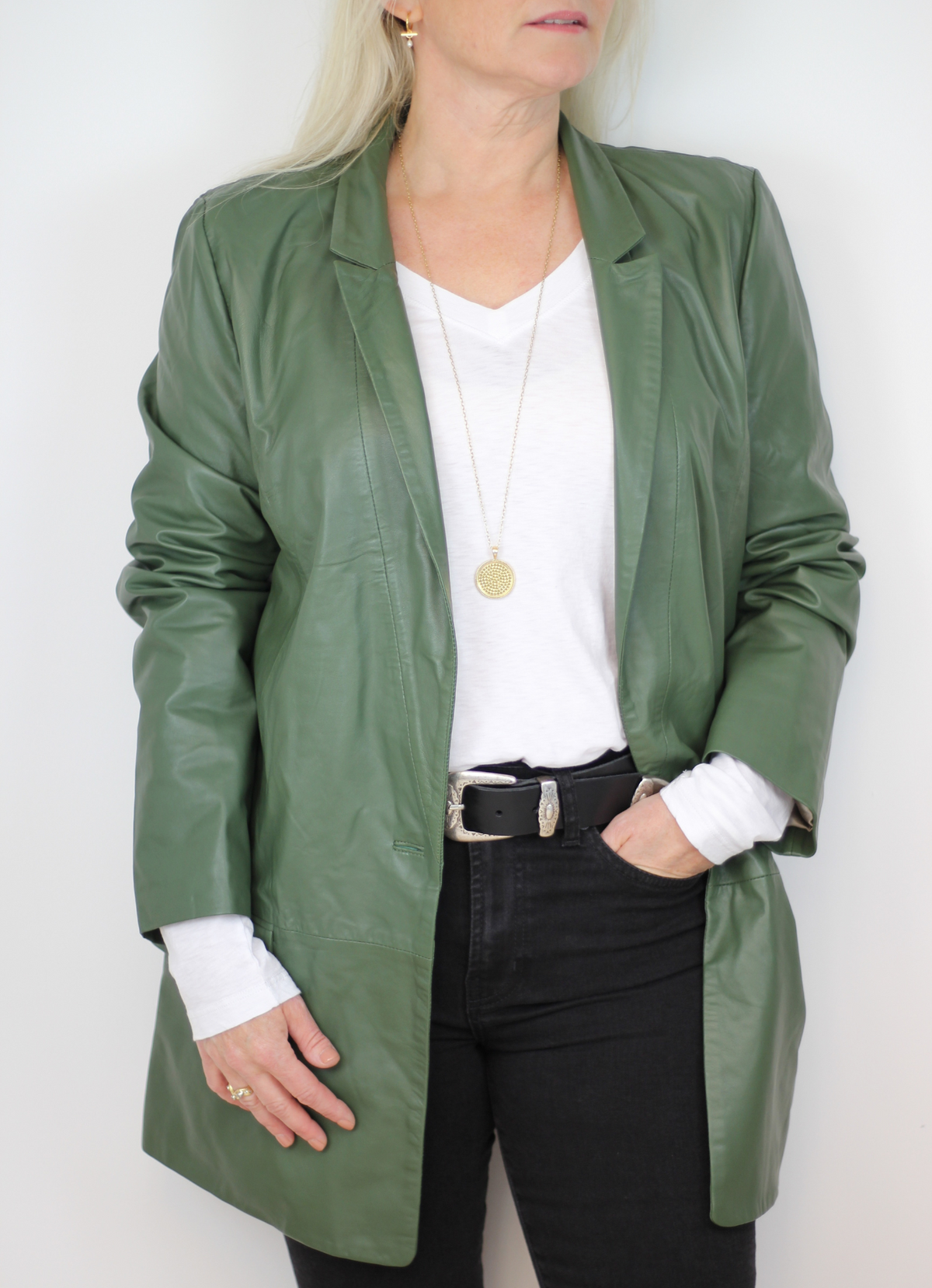Long line leather blazer in a muted forest green
