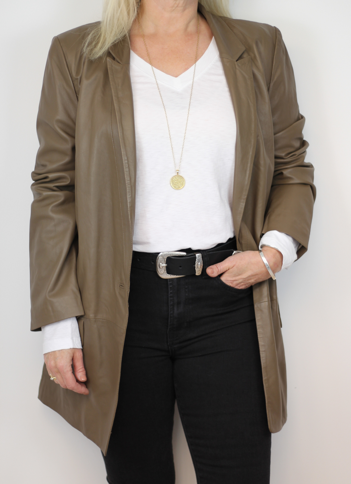 Long line leather blazer in a taupe colour