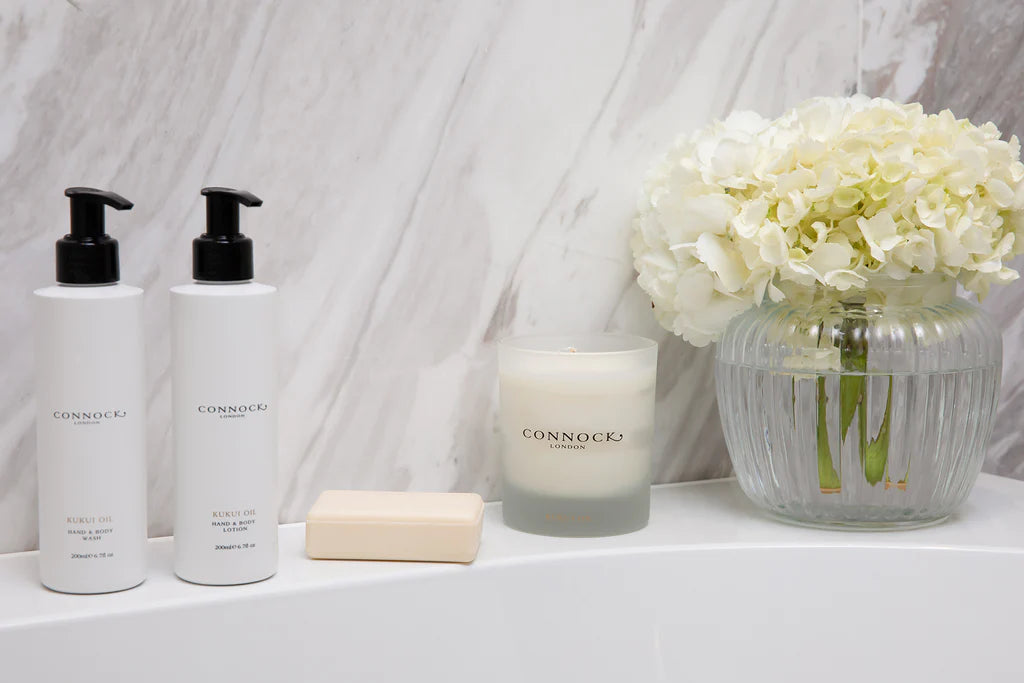 bathroom style with candle body wash and body cream