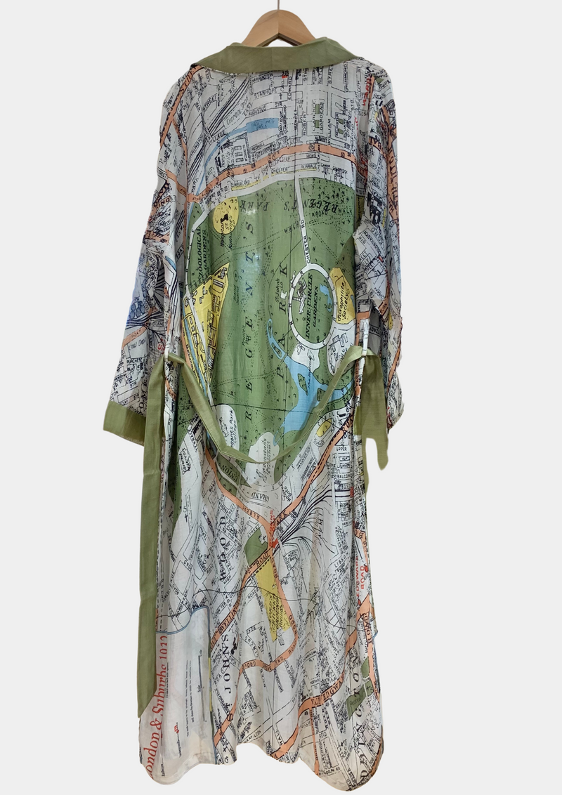 green lightweight dressing gown with London city map 