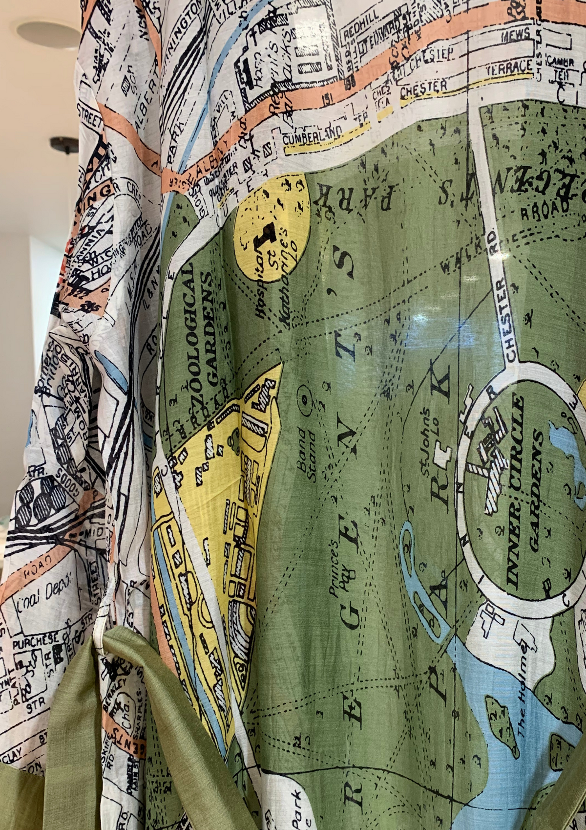 green lightweight dressing gown with London city map 
