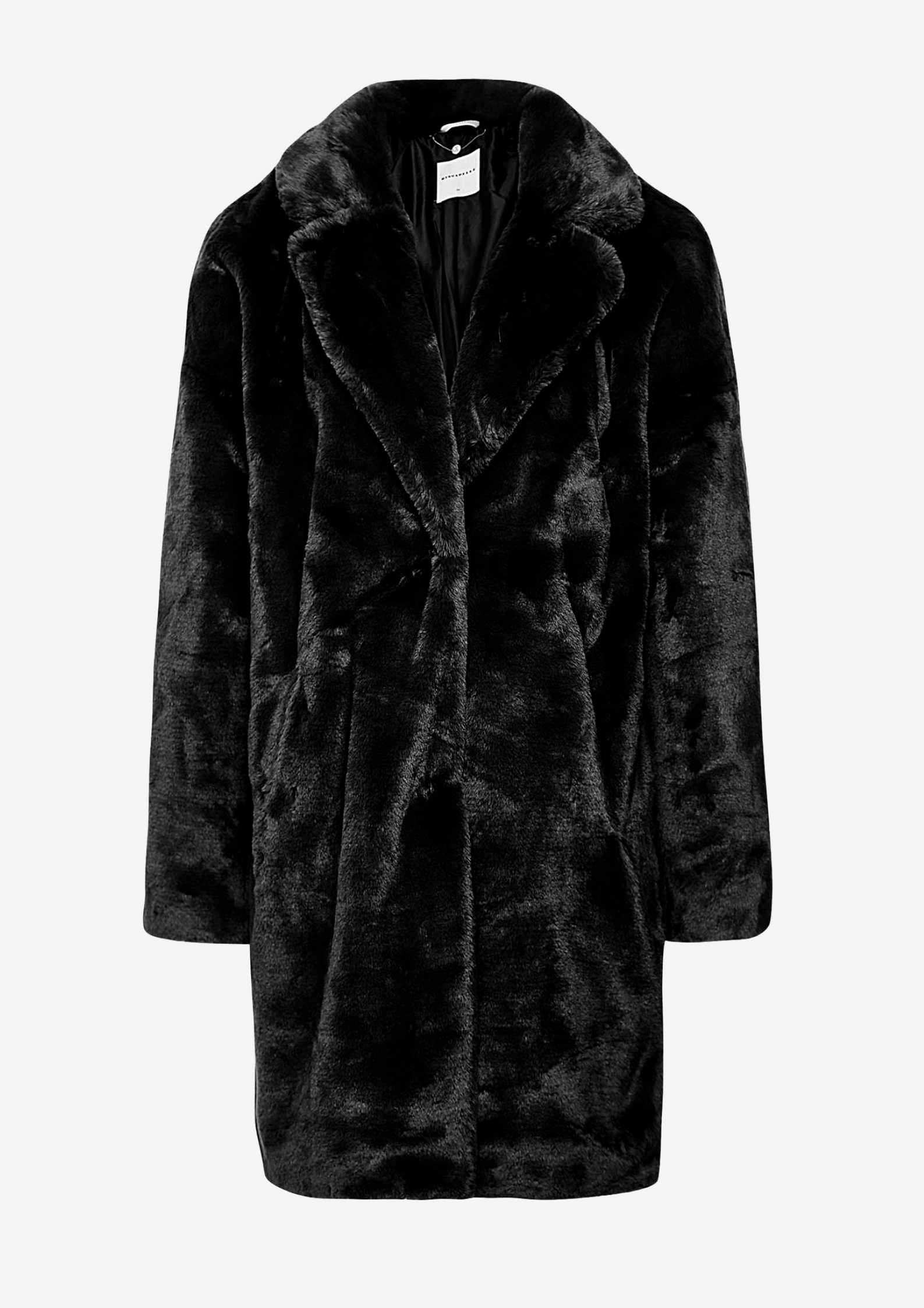 Black faux fur knee length jacket with notch lapel and two side pockets