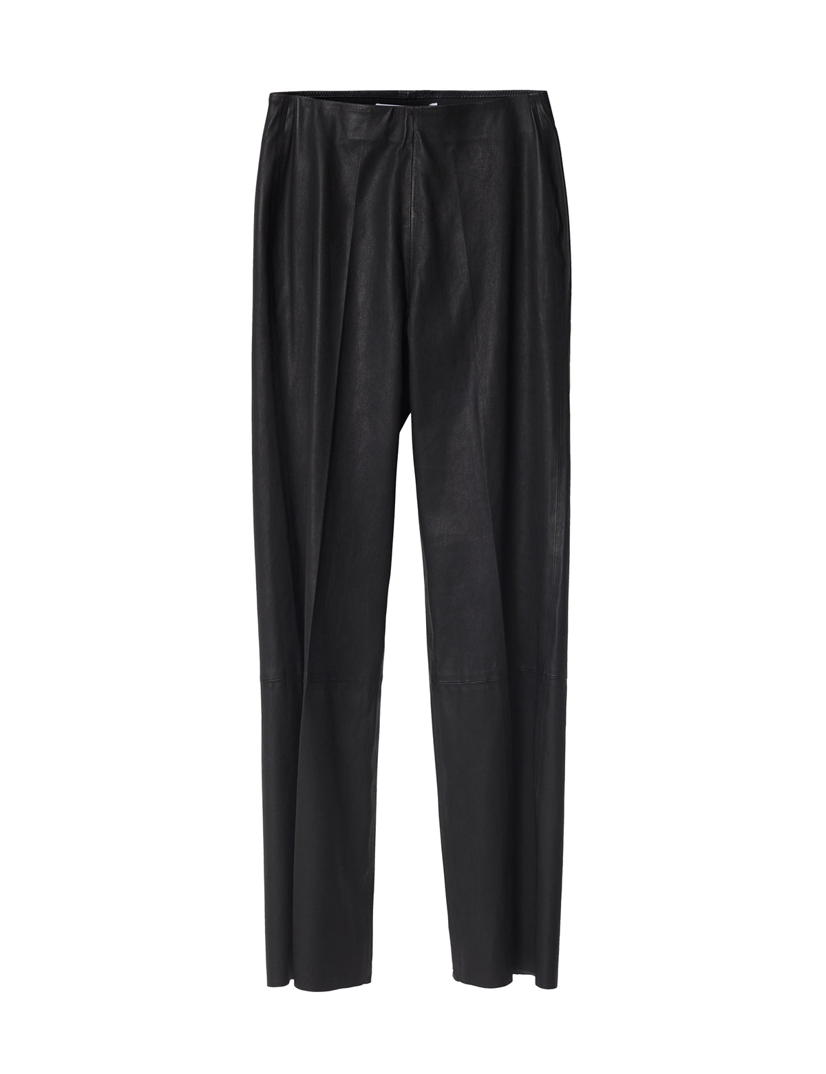 Pull on straight cut black leather trousers