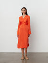Orange midi wrap style dress with a straight hem and side splits