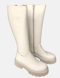 White knee high boots with zip up the side