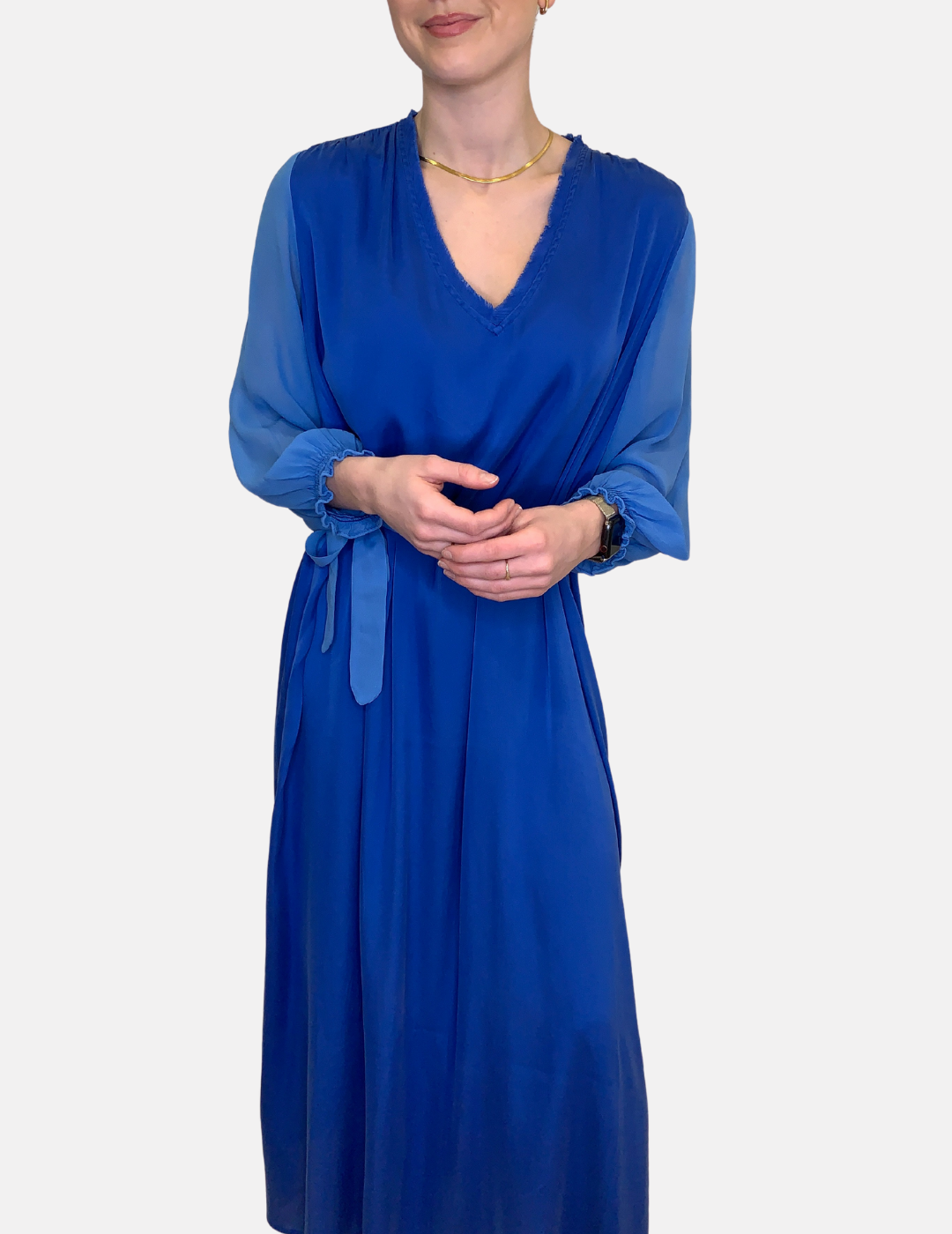 Electric blue dress in stretch silk with a sheer sleeve and a removable tie