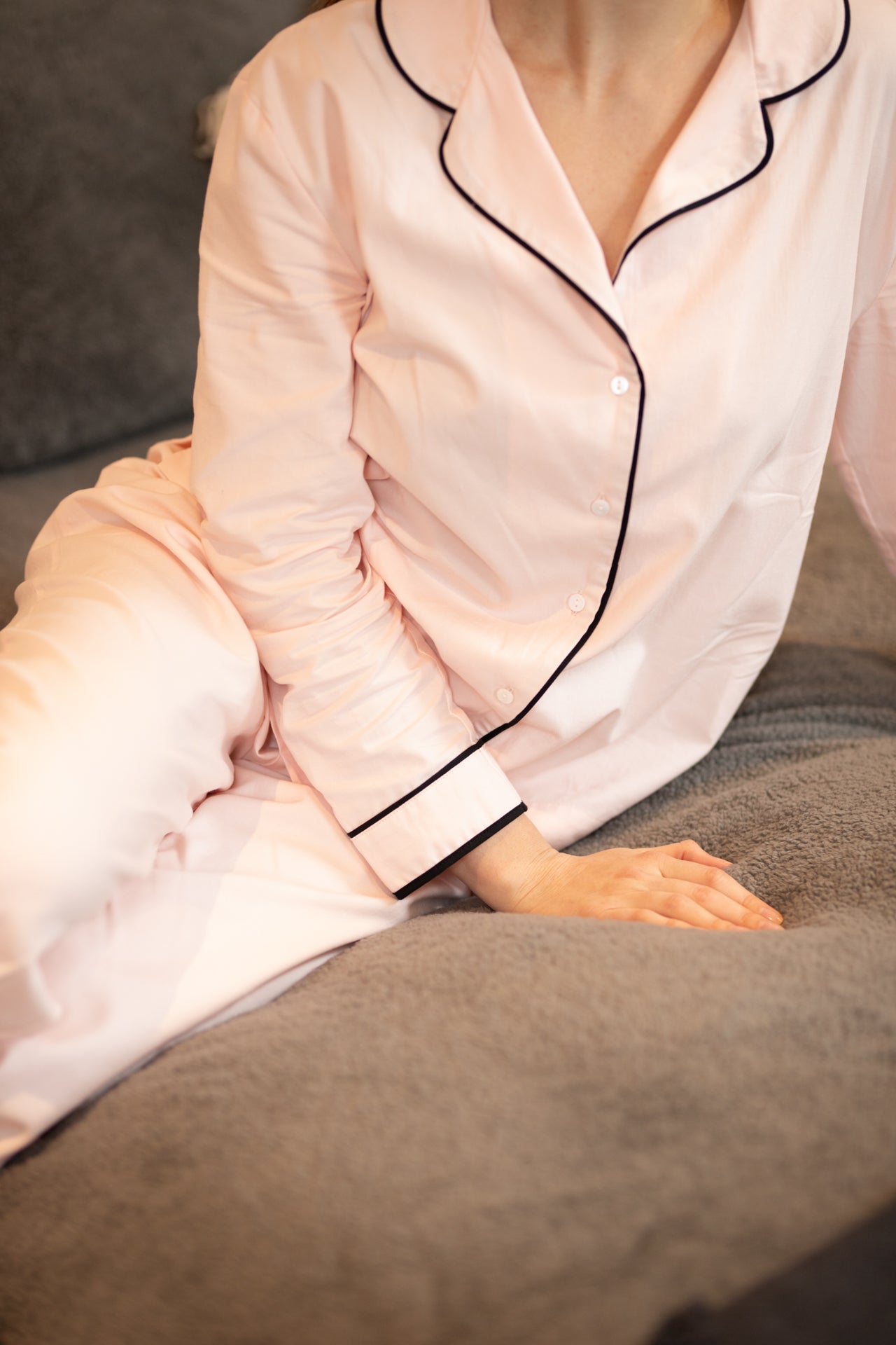 pink pjs Light pink classic pyjama top and long trouser bottoms with black piping detail