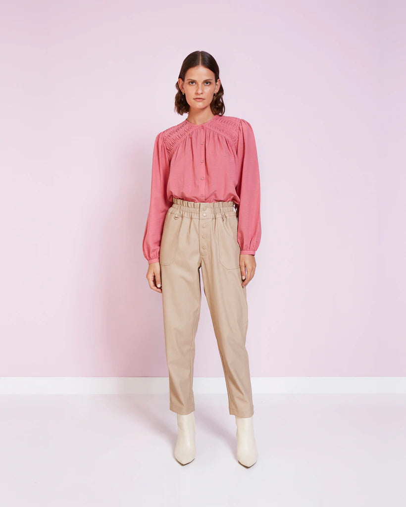 Long sleeve blush cotton shirt with pleated shoulder details