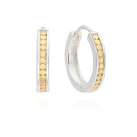 Silver hinge hoop earrings with small gold dots