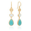 Gold triple drop earrings with teardrop amazonite oval white agate and circle gold dots