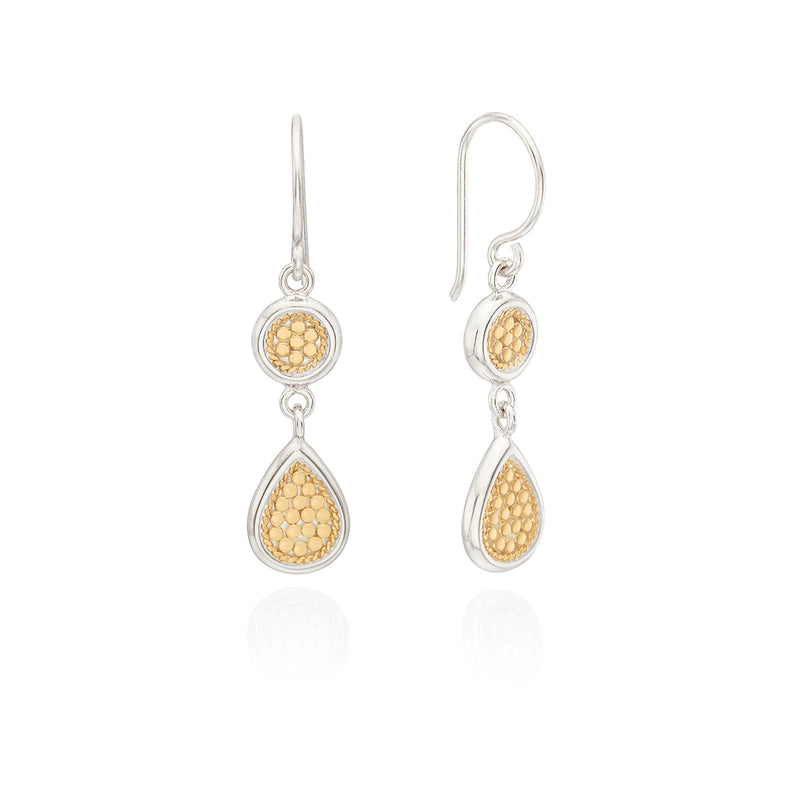 Double drop earrings with shepherds crook closure circle and teardrop pendants with mixed metal dotted circle 