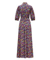 Maxi dress with three quarter length sleeves with a deep navy base and ditsy floral pattern stand up collar and deep V neck and A line skirt