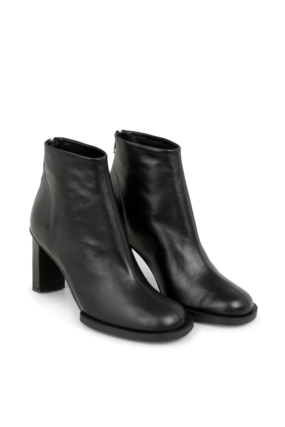 black leather heeled boot with rubber sole and rear zip detail
