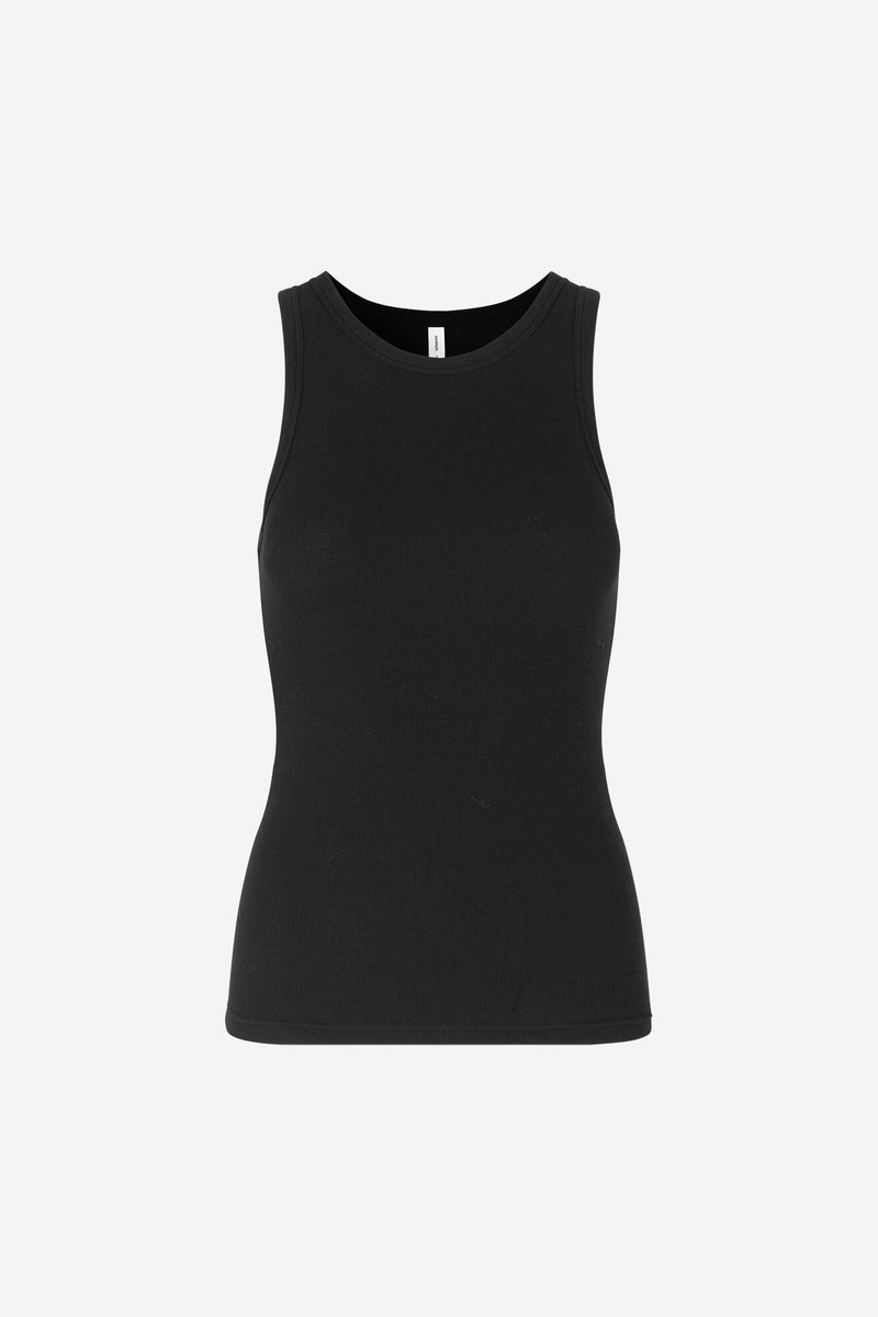 Rib organic cotton vest top in black with stretch