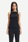 Black vest top with thin straps and a straight hem