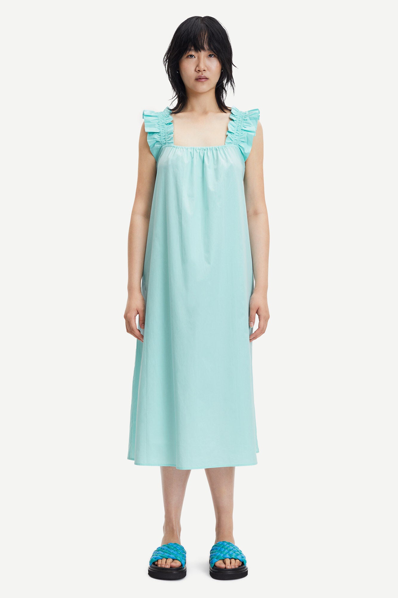 Organic cotton dress with a square neck and ruffle straps