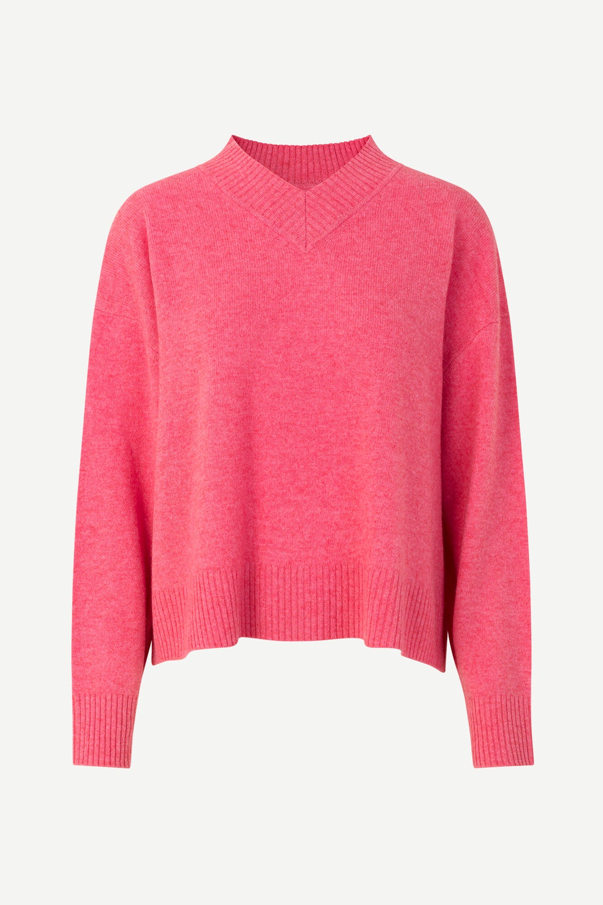 Hot pink V neck jumper with long sleeves and a drop shoulder