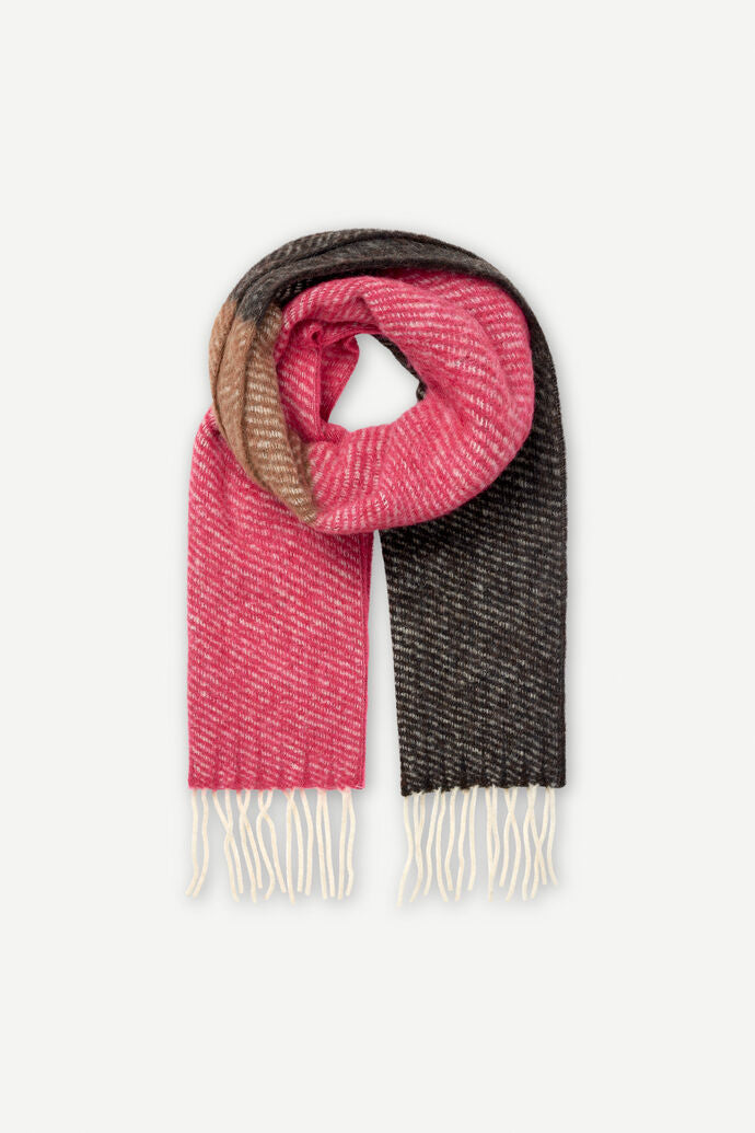 Pink grey and brown oblong scarf with white tassels