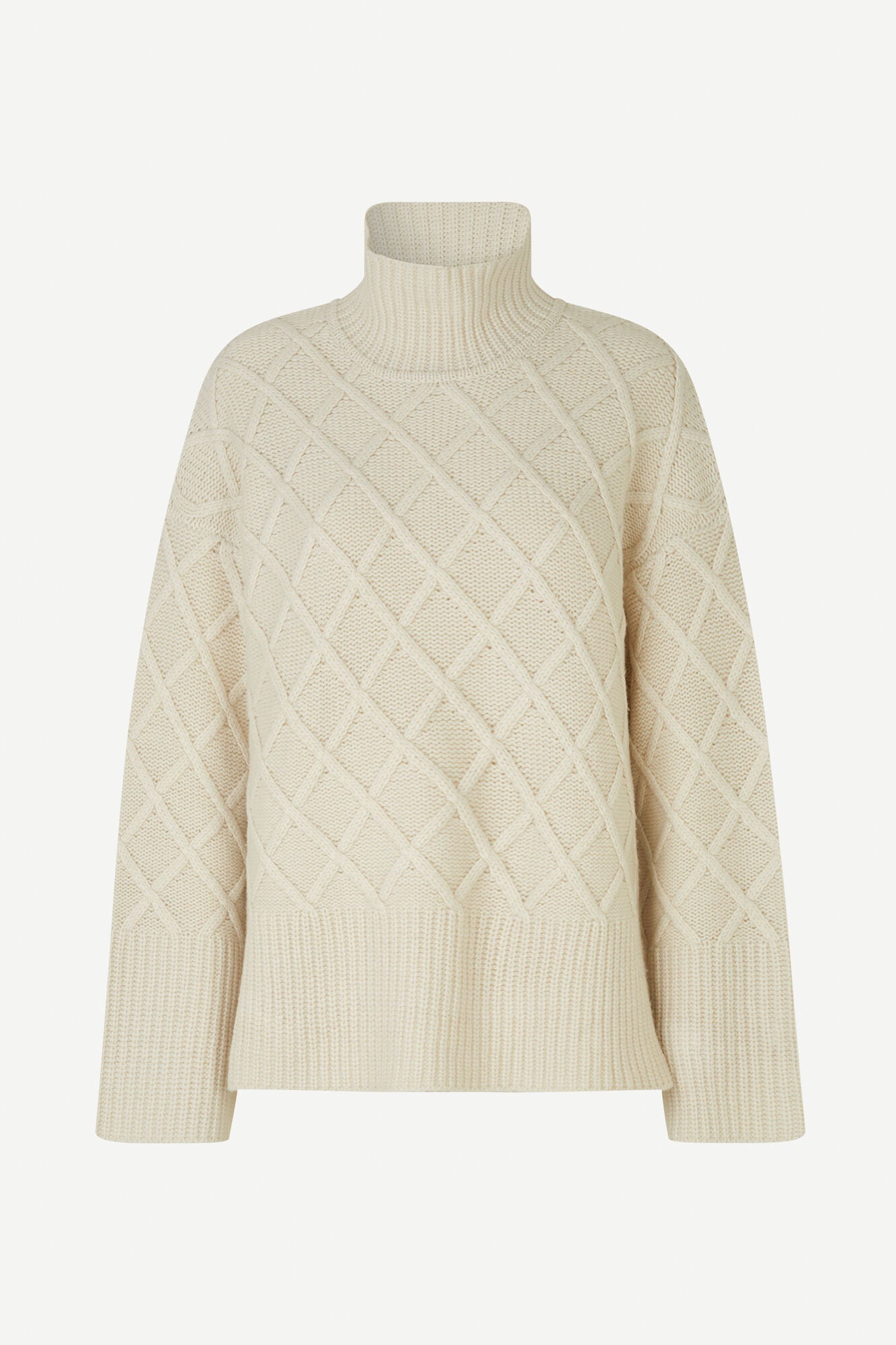 Turtle neck ecru cable knit jumper with wide ribbed hem cuffs long sleeves and two side vents 