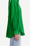 Bright green silk long line shirt with classic collar full length plackets with green button fastening and long sleeves