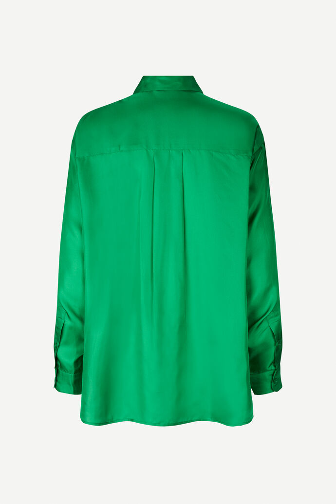 Bright green silk long line shirt with classic collar full length plackets with green button fastening and long sleeves